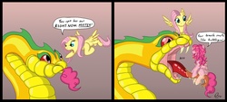Size: 1200x542 | Tagged: safe, artist:omny87, fluttershy, pinkie pie, earth pony, pegasus, pony, snake, g4, 2 panel comic, badass, carnivore, comic, crotch tasting, female, fetish, flutterbadass, herbivore vs carnivore, mare, pinkie prey, soft vore, tail sticking out, vore