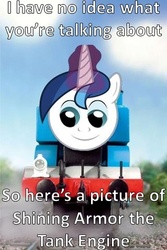 Size: 319x478 | Tagged: safe, shining armor, train pony, g4, crossover, i have no idea, image macro, random idea, reaction image, thomas the tank engine, train, twily face, wtf