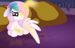 Size: 765x491 | Tagged: safe, artist:russiankolz, princess celestia, pony, g4, bed, female, pink-mane celestia, sad, solo, younger