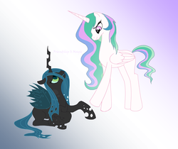Size: 1600x1345 | Tagged: dead source, safe, artist:wolfsknight, princess celestia, queen chrysalis, alicorn, changeling, changeling queen, pony, g4, duo, eye contact, female, frown, gradient background, lesbian, looking up, missing accessory, prone, redemption, ship:chryslestia, shipping, smiling