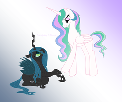 Size: 1600x1345 | Tagged: dead source, safe, artist:wolfsknight, princess celestia, queen chrysalis, alicorn, changeling, changeling queen, pony, g4, a better ending for chrysalis, duo, eye contact, female, forgiveness, frown, gradient background, harsher in hindsight, heartwarming, if only, lesbian, looking up, missing accessory, prone, redemption, reformation, reformed villain, ship:chryslestia, shipping, smiling, what if