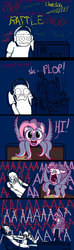 Size: 720x2430 | Tagged: safe, artist:aa, pinkie pie, oc, oc:anon, human, monster pony, octopony, octopus, original species, g4, comic, computer, game, octo pie, scared, screaming