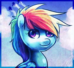Size: 545x505 | Tagged: safe, artist:imalou, rainbow dash, pegasus, pony, g4, blue background, border, bust, closed mouth, cloud, cloudy, female, filly, filly rainbow dash, folded wings, grainy, looking at you, mare, messy mane, simple background, sky, smiling, solo, wings, wonderbolts, younger