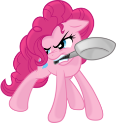 Size: 7385x7839 | Tagged: safe, artist:kp-shadowsquirrel, artist:tim015, pinkie pie, earth pony, pony, g4, absurd resolution, female, frying pan, mare, mouth hold, pan, simple background, solo, transparent background