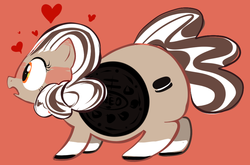 Size: 949x626 | Tagged: safe, artist:ross irving, oc, oc:double stuf, fat, heart, impossibly large butt, oreo, ponified