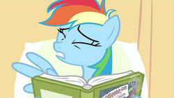 Size: 640x360 | Tagged: safe, screencap, rainbow dash, pony, g4, read it and weep, bed, book, eyes closed, female, hospital bed, solo