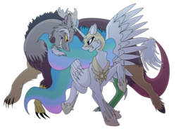 Size: 900x673 | Tagged: safe, artist:100yearslater, discord, princess celestia, alicorn, draconequus, pony, g4, duo, duo male and female, female, male, mare, simple background, transparent background