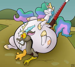 Size: 1280x1138 | Tagged: safe, artist:jesseorange, artist:virus-20, discord, princess celestia, alicorn, draconequus, pony, g4, abuse, bottom heavy, chubbylestia, crushing, discordabuse, fat, impossibly large belly, impossibly large butt, morbidly obese, obese, sitting on person, stuck