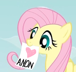 Size: 324x309 | Tagged: safe, fluttershy, pegasus, pony, g4, exploitable meme, female, fluttershy's note meme, heart, image macro, mare, meme, mouth hold, solo