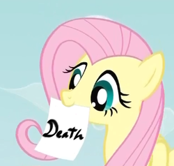 Size: 324x309 | Tagged: safe, fluttershy, g4, death note, exploitable meme, fluttershy's note meme, meme, pun