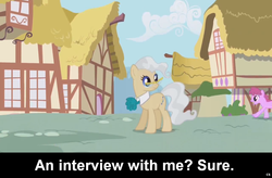 Size: 1024x672 | Tagged: safe, berry punch, berryshine, mayor mare, comic:celestia's servant interview, g4, caption, glasses, interview