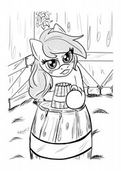 Size: 905x1280 | Tagged: safe, artist:kyokimute, applejack, earth pony, pony, comic:cider showers, g4, barn, barrel, bedroom eyes, blushing, female, grin, hay, hoof hold, leaning, lineart, looking at you, mare, monochrome, mug, simple background, smiling, smirk, solo, white background
