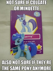 Size: 768x1024 | Tagged: safe, minuette, pony, unicorn, g4, caption, collector card, female, image macro, irl, photo, toy
