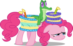 Size: 4000x2567 | Tagged: safe, artist:kopachris, gummy, pinkie pie, g4, cake costume, clothes, costume, food, food costume, gummy riding pinkie pie, riding, simple background, tired, transparent background, vector