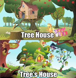 Size: 500x515 | Tagged: safe, apple bloom, applejack, scootaloo, sweetie belle, earth pony, pony, g4, bloom butt, butt, caption, clubhouse, comic, crusaders clubhouse, cutie mark crusaders, fluttershy's cottage, fluttertree, image macro, plot, pun, scootabutt, sweetie butt, text, treehouse