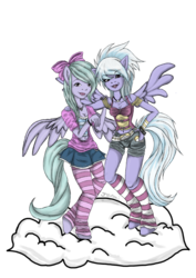 Size: 900x1273 | Tagged: safe, artist:ohsojenziiferic, cloudchaser, flitter, anthro, g4, ambiguous facial structure, belt, bow, clothes, cloud, skirt, socks, striped socks