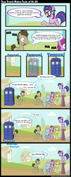 Size: 1000x2465 | Tagged: safe, artist:subjectnumber2394, berry punch, berryshine, carrot top, doctor whooves, golden harvest, shoeshine, time turner, twilight sparkle, earth pony, pony, g4, it's about time, comic, doctor who, tardis, the doctor, time paradox, time travel