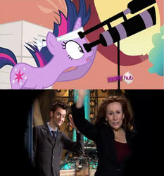 Size: 500x537 | Tagged: safe, twilight sparkle, pony, unicorn, g4, blazer, blouse, clothes, comic, crossover, doctor who, donna noble, future twilight, necktie, shirt, telescope, tenth doctor, unicorn twilight