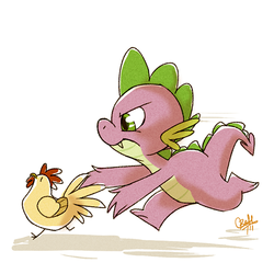 Size: 600x600 | Tagged: safe, artist:rollingrabbit, spike, bird, chicken, dragon, g4, action pose, animal, chase, duo, male, running, simple background, white background