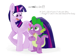Size: 606x443 | Tagged: safe, artist:rollingrabbit, spike, twilight sparkle, dragon, pony, unicorn, g4, angry, dialogue, diary, duo, female, male, mare, simple background, twilight sparkle is not amused, unamused, unicorn twilight, white background