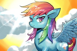 Size: 1500x1000 | Tagged: artist needed, safe, rainbow dash, pony, g4, female, looking at you, solo, sun