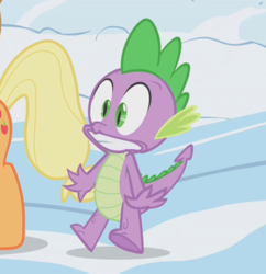 Size: 478x494 | Tagged: safe, edit, edited screencap, screencap, applejack, spike, dragon, g4, my little pony: friendship is magic, winter wrap up, cropped, inverted mouth, solo focus