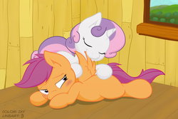 Size: 1800x1200 | Tagged: safe, artist:ixbalam, artist:joey darkmeat, scootaloo, sweetie belle, pegasus, pony, unicorn, g4, blushing, duo, female, lesbian, preening, ship:scootabelle, shipping