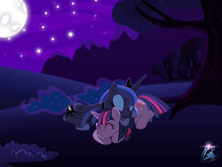 Size: 8000x6000 | Tagged: dead source, safe, artist:nightmaremoons, princess luna, twilight sparkle, g4, absurd resolution, female, lesbian, night, ship:twiluna, shipping, sleeping