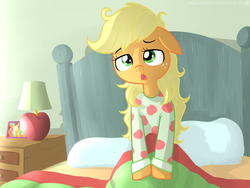 Size: 1024x768 | Tagged: safe, artist:frankier77, applejack, earth pony, pony, g4, bed, bed mane, clothes, female, lamp, loose hair, morning ponies, pajamas, photo frame, solo, yawn