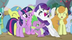 Size: 1280x720 | Tagged: safe, edit, screencap, bon bon, carrot top, cloud kicker, daisy, drizzle, flower wishes, golden harvest, lemon hearts, linky, rarity, shoeshine, spike, spring melody, sprinkle medley, sweetie drops, twilight sparkle, g4, the super speedy cider squeezy 6000, inverted mouth