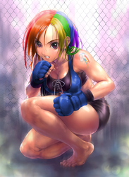 Size: 945x1288 | Tagged: artist needed, source needed, safe, edit, rainbow dash, human, g4, breasts, busty rainbow dash, cleavage, clothes, female, gloves, humanized, recolor, solo