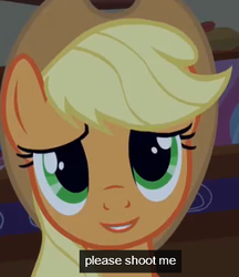 Size: 304x352 | Tagged: safe, edit, screencap, applejack, earth pony, pony, bridle gossip, g4, cropped, dissonant caption, female, inverted mouth, kill me, mare, meme, solo, text, youtube caption