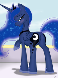 Size: 960x1280 | Tagged: safe, artist:lowgravity, princess luna, alicorn, pony, g4, balcony, bedroom eyes, blushing, butt, cloud, female, looking at you, mare, moonbutt, old version, open mouth, plot, raised hoof, sky, solo