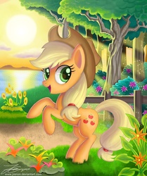 Size: 1800x2153 | Tagged: safe, artist:jrenon, applejack, earth pony, pony, g4, female, fence, rearing, solo, sun, tree