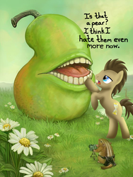 Size: 563x750 | Tagged: safe, artist:upbeatderpness, artist:ursulav, doctor whooves, time turner, chipmunk, earth pony, pony, g4, bipedal, biting pear of salamanca, doctor whooves is not amused, lolwut, male, pear, stallion, that pony sure does hate pears