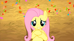 Size: 1274x709 | Tagged: safe, edit, screencap, fluttershy, pegasus, pony, g4, the last roundup, bust, close-up, female, hooves to the chest, inverted mouth, mare, on back, smiling, solo