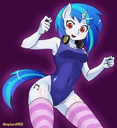 Size: 700x765 | Tagged: safe, artist:shepherd0821, dj pon-3, vinyl scratch, anthro, g4, ambiguous facial structure, armpits, blushing, breasts, clothes, female, high-cut clothing, one-piece swimsuit, socks, solo, stockings, striped socks, sukumizu, swimsuit