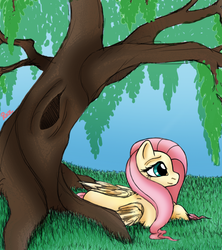 Size: 800x900 | Tagged: safe, artist:vampire-angel13, fluttershy, pegasus, pony, g4, female, folded wings, looking away, mare, outdoors, prone, solo, tree, under the tree, wings