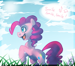 Size: 1045x930 | Tagged: safe, artist:imalou, pinkie pie, earth pony, pony, g4, dialogue, female, music notes, outdoors, solo