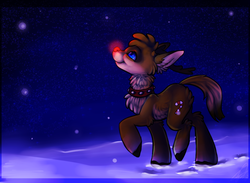 Size: 1600x1172 | Tagged: safe, artist:imalou, deer, pony, reindeer, night, ponified, rudolph, rudolph the red nosed reindeer, snow, solo, winter