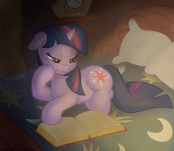 Size: 810x706 | Tagged: safe, artist:bswprecious, twilight sparkle, pony, g4, bed, book, dark, female, floppy ears, frown, prone, reading, shadow, sleepy, solo