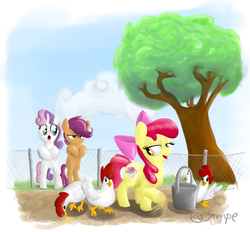 Size: 2186x2027 | Tagged: safe, artist:simpe94, apple bloom, scootaloo, sweetie belle, g4, cutie mark crusaders, high res, scootachicken