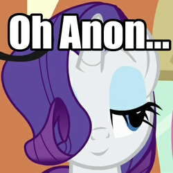 Size: 385x385 | Tagged: safe, edit, edited screencap, screencap, rarity, pony, unicorn, g4, mmmystery on the friendship express, alternate hairstyle, bedroom eyes, caption, hair over one eye, image macro, implied anon, inverted mouth, reaction image, solo