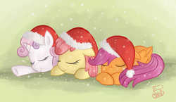 Size: 2408x1393 | Tagged: safe, artist:cainescroll, apple bloom, scootaloo, sweetie belle, earth pony, pony, g4, cutie mark crusaders, female, hat, santa hat, sleeping, snow, snowfall, trio, trio female