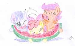Size: 1306x793 | Tagged: dead source, safe, artist:jeffmartinez, apple bloom, scootaloo, sweetie belle, earth pony, pegasus, pony, unicorn, g4, apple bloom's bow, bow, cute, cutie mark crusaders, eating, eyes closed, female, filly, foal, food, hair bow, herbivore, messy eating, one eye closed, signature, simple background, spitting, traditional art, watermelon, watermelon seed, white background