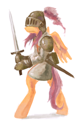 Size: 2000x3000 | Tagged: safe, artist:hawtkoffee, scootaloo, semi-anthro, g4, armor, fantasy class, high res, knight, solo, sword, warrior, weapon