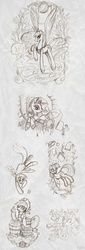 Size: 669x1967 | Tagged: safe, artist:kaliptro, applejack, derpy hooves, princess luna, rarity, twilight sparkle, pegasus, pony, g4, book, female, mare, monochrome, sketch, sketch dump