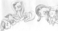 Size: 2903x1535 | Tagged: safe, artist:xmazax, fluttershy, rarity, spike, twilight sparkle, g4, crying, dead, grayscale, monochrome, palindrome get, tongue out, traditional art