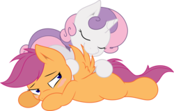 Size: 9447x6038 | Tagged: safe, artist:baka-neku, artist:joey darkmeat, scootaloo, sweetie belle, pegasus, pony, unicorn, g4, absurd resolution, blush sticker, blushing, female, nom, preening, simple background, transparent background, vector