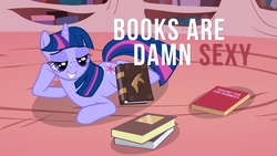 Size: 1920x1080 | Tagged: safe, artist:dabuxian, twilight sparkle, pony, unicorn, g4, bedroom eyes, book, damn sexy pose, female, golden oaks library, looking at something, mare, open mouth, prone, raised hoof, smiling, solo, that pony sure does love books, wallpaper